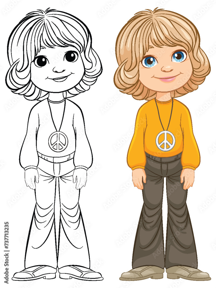 Cartoon illustration of a child, colored and outlined versions. Cartoon illustration of a child, colored and outlined versions.