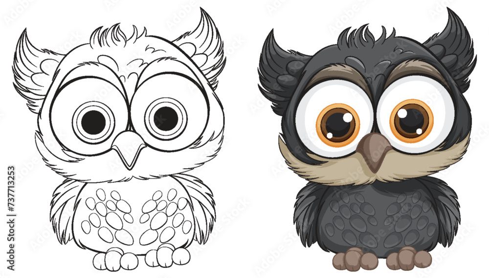 Fototapeta premium Two styles of a cartoon owl, colored and outlined.