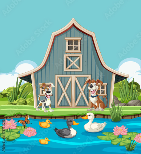Cartoon animals by the barn and pond