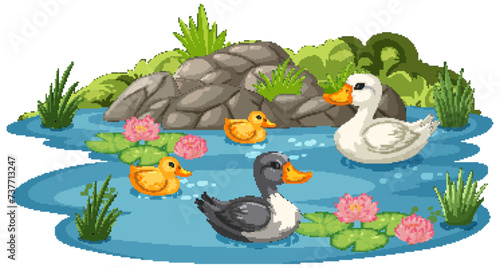 Vector illustration of ducks in a tranquil pond setting