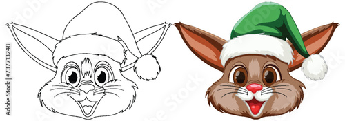 Cartoon rabbit with Santa hat and red nose.