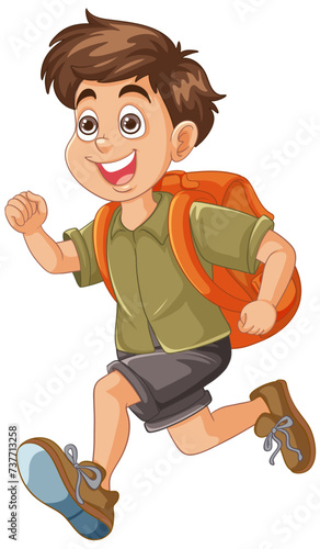 Cheerful young boy running with an orange backpack.