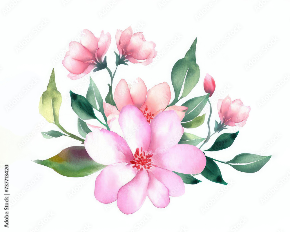 Watercolor flowers and leaves isolated on a white background