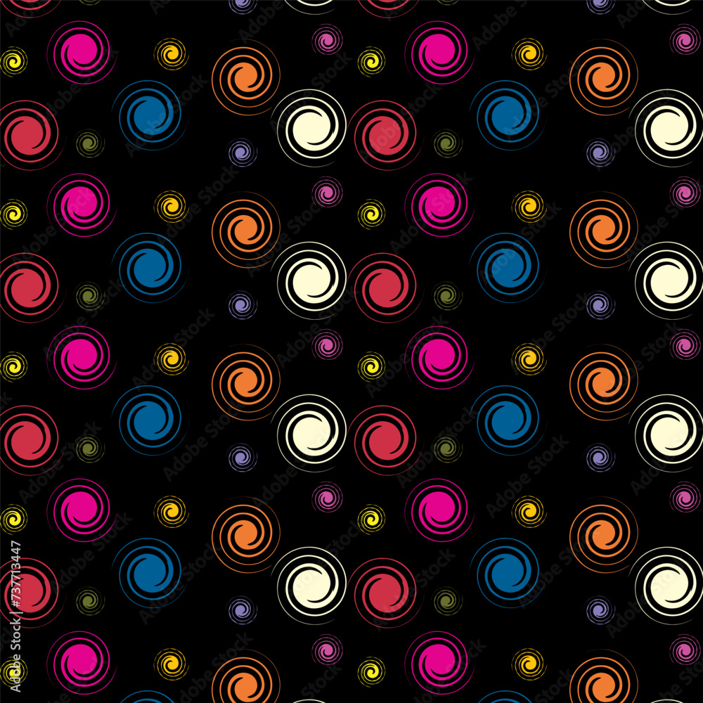 Abstract illustration, black background, multi-colored circle pattern