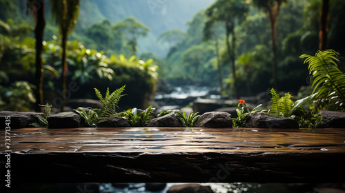 The empty wooden table with blur background