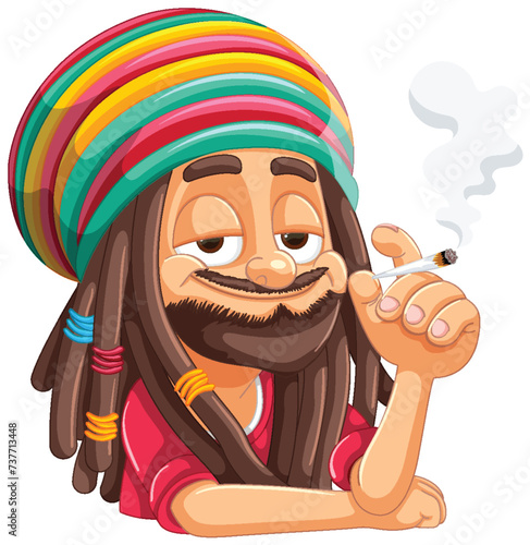 Cartoon of a relaxed Rastafarian with a smoking joint.