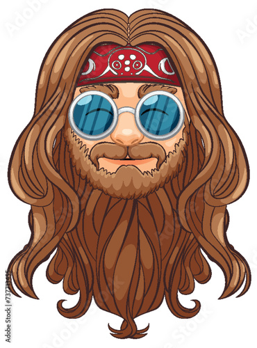 Stylized male face with beard, bandana, and sunglasses.
