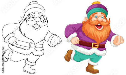 Black and white and colored Santa illustrations side by side.