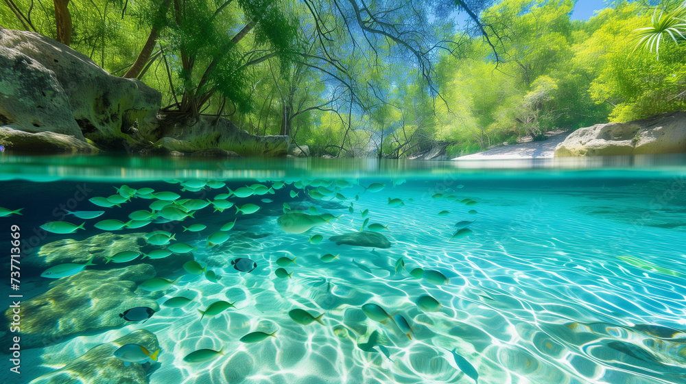 Enchanted River Oasis: School of Tropical Fish Darting Through Crystal-Clear Waters with Sunlight Dancing on Sandy Riverbed Below Lush Green Foliage