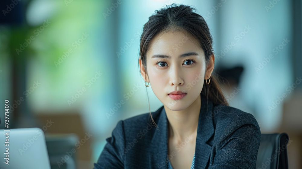 a young Asian business woman is sitting in an office looking at camera a young Asian business woman is sitting in an office looking at camera