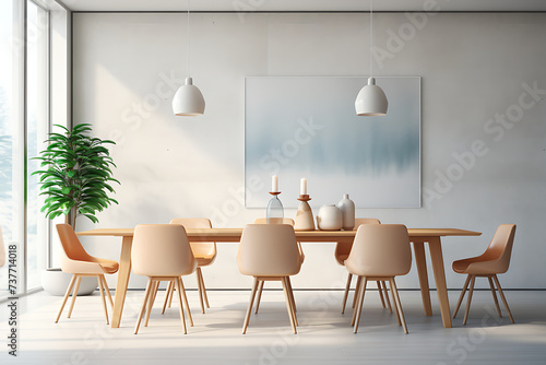 Interior of modern dining room with white walls  wooden floor  long wooden table with beige chairs and round wooden table with chair