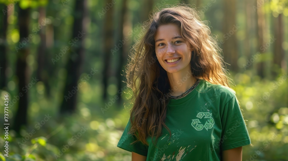Fototapeta premium Smiling young woman environmental activist in the forest wearing a green recycle t-shirt, Volunteer, Charity event, Unity.