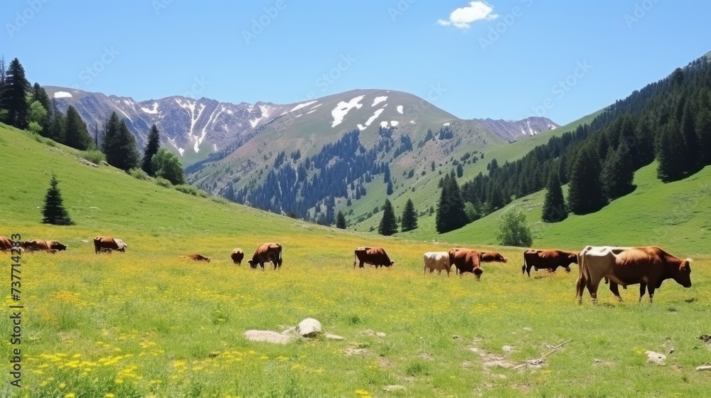 Idyllic scene of serene cows grazing happily on expansive and lush green mountain meadows Idyllic scene of serene cows grazing happily on expansive and lush green mountain meadows