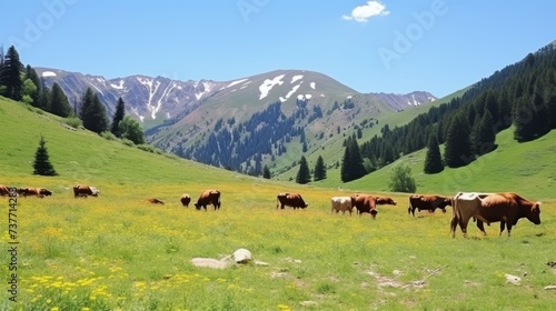 Idyllic scene of serene cows grazing happily on expansive and lush green mountain meadows