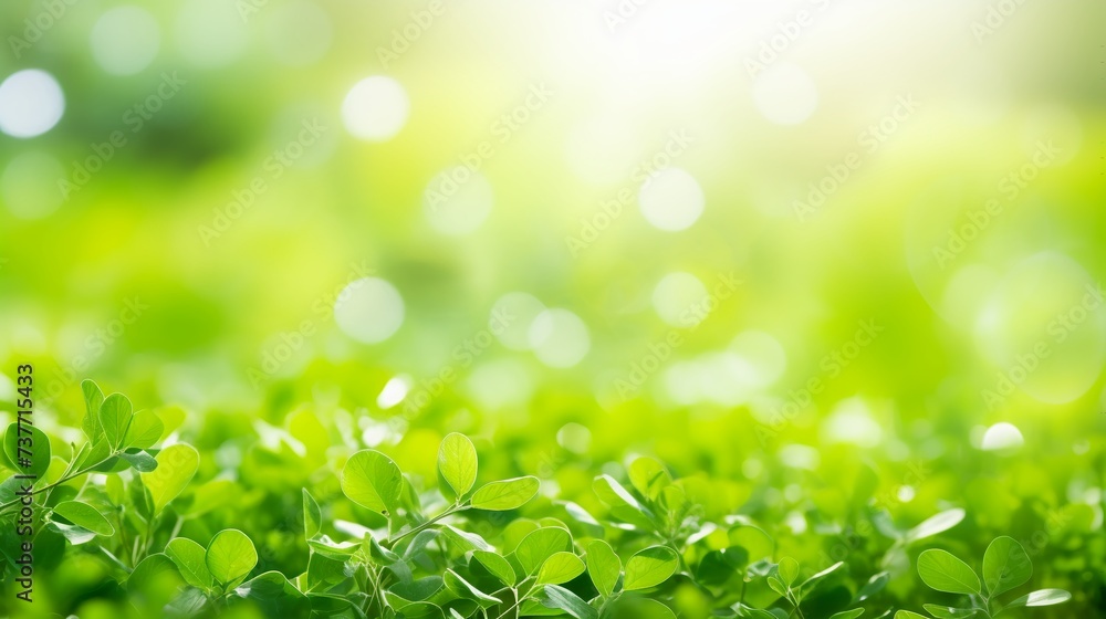 Close up of green leaves on blurred greenery background with sunlight.
