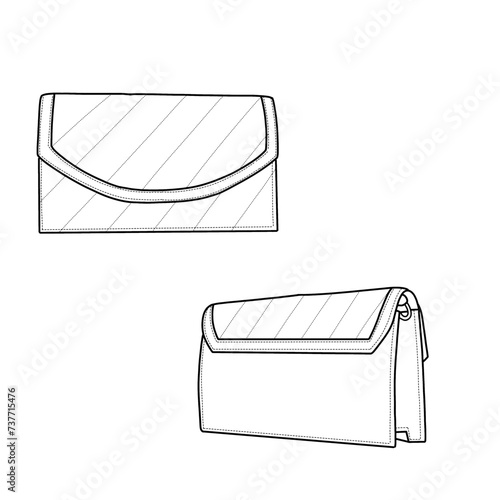 Clutch bag, handbag, women's wallet. Flat fashion wallet illustration. Outline vector doodle illustration, front, and back view. Isolated with a white background.