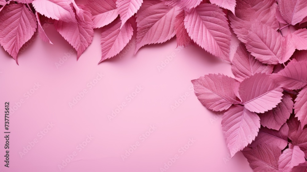 A background of delicate leaves. Pink foliage, abstract romantic background, natural texture. A place for the text.