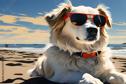 A dog with sunglasses is sitting on the beach. Generative AI