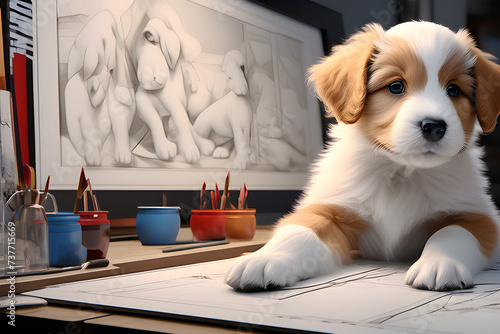 A puppy that's interfering with drawing.
Generative AI photo