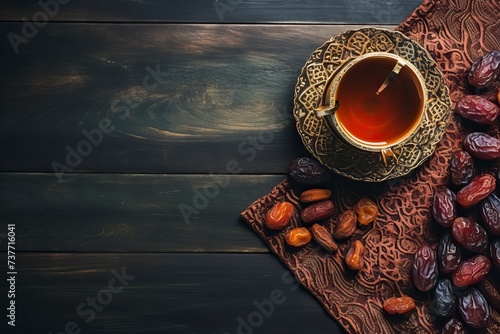 cup of tea with dried fruits on the table. Ramadan kareem decorations background. Top view, flat lay moslem islam iftar braking fast concept - generative ai photo
