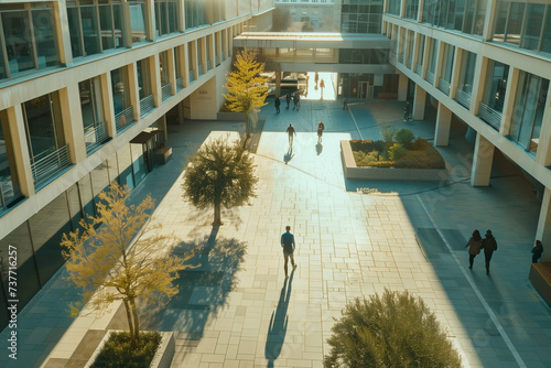 aerial view of people walking in the courtyard of modern buildings with trees university green and gray, concrete, top down view of students and employees walking, drone view on city dowtown photo