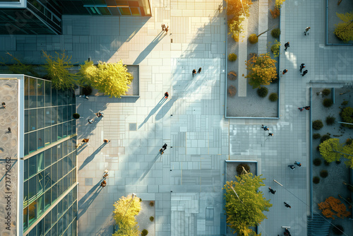 aerial view of people walking on esplanade of financial district with trees, surrounded by buildings, green and gray, concrete, top down view of employees walking, drone view on city dowtown photo