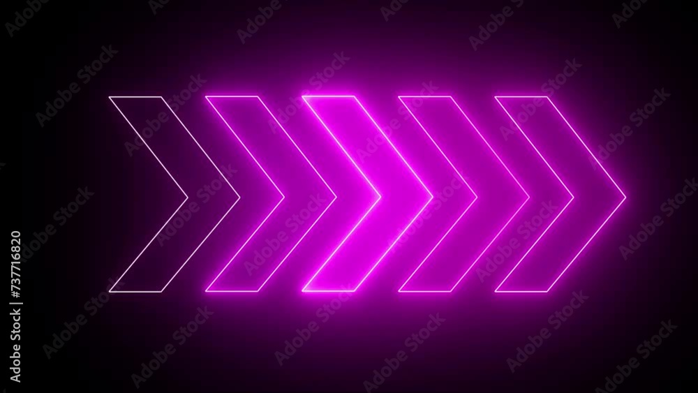 Light arrow retro glow purple casino neon effect. Glowing neon directional arrow in purple. Neon arrows with shining effects, highlights on a black background.