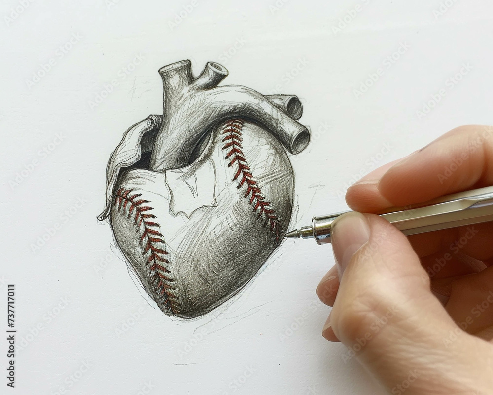 Obraz premium Minimalist sketch of a heart intertwined with lifestyle elements and a baseball at its core