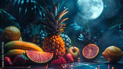 Neon infused scene of tropical fruits and algebra symbols blending under moonlight photo