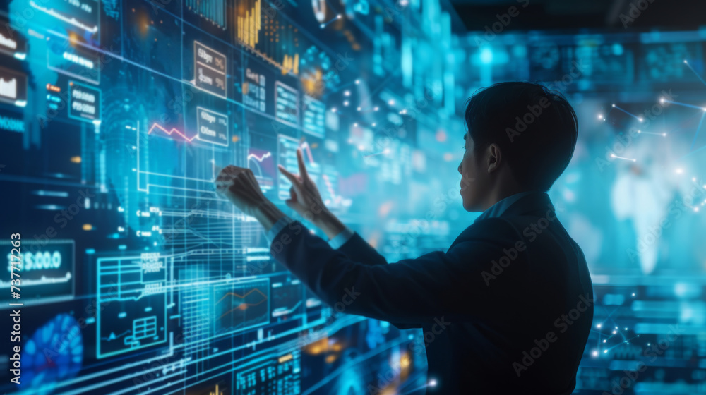 A business leader using a high-tech touch screen to view financial and market data A business leader using a high-tech touch screen to view financial and market data
