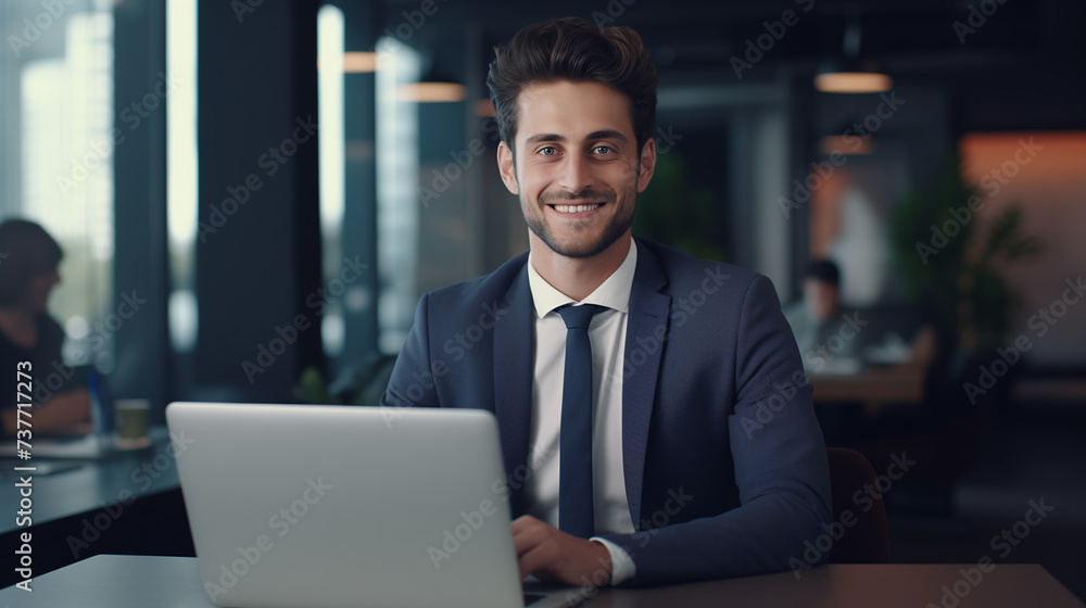 smiling businessman in blue suit working on laptop, portrait of a young Entrepreneur working in office, businessman headshot