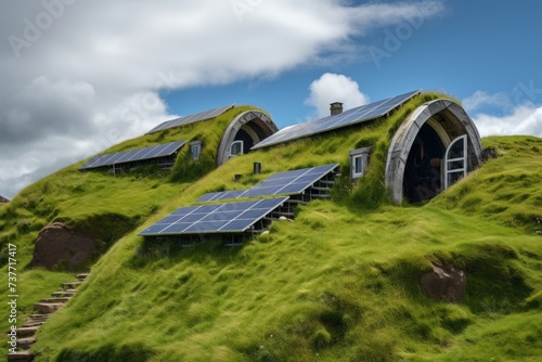 Picturesque hobbit inspired houses with eco-friendly solar panel installations atop roofs photo