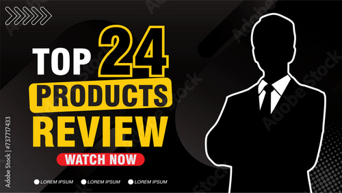 Attractive product review video thumbnail design template, can be edited easily. With the dominant color black combined with yellow and red