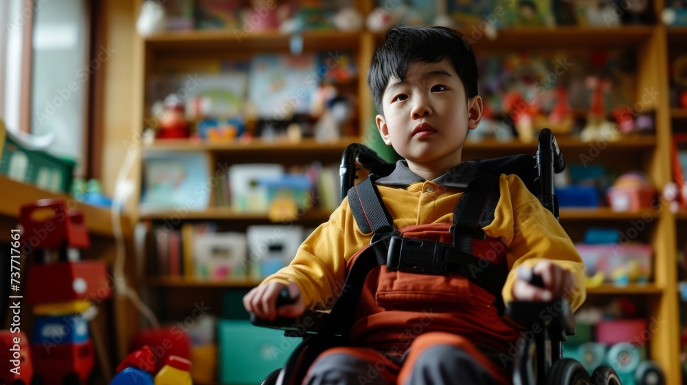 Obraz premium A polio-affected boy in a wheelchair with his loving family and cheerful toys