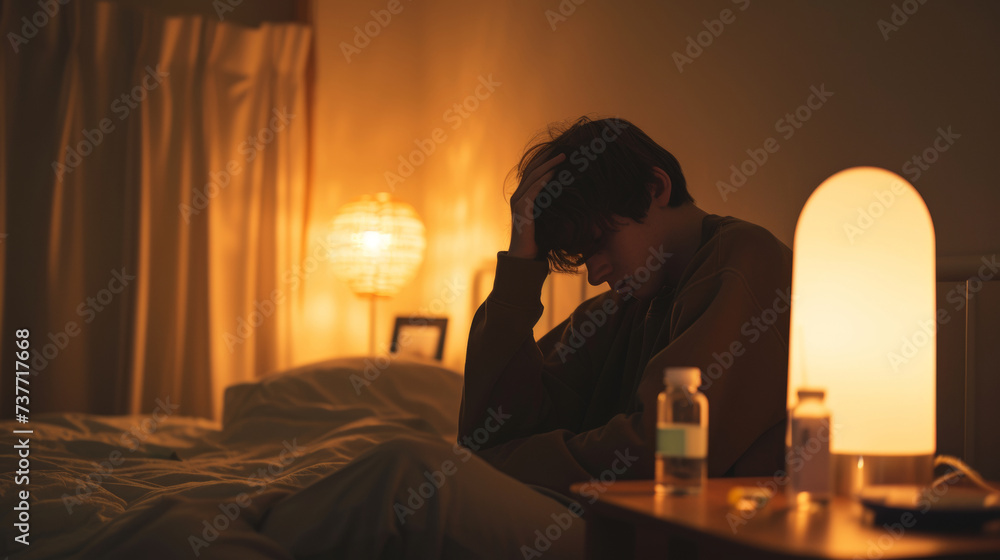A man with fever sitting on the bed with a glass of water and a bottle of medicine by the lamp.