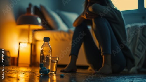 Woman in pain holding their jaw on the floor with pain medication and water.