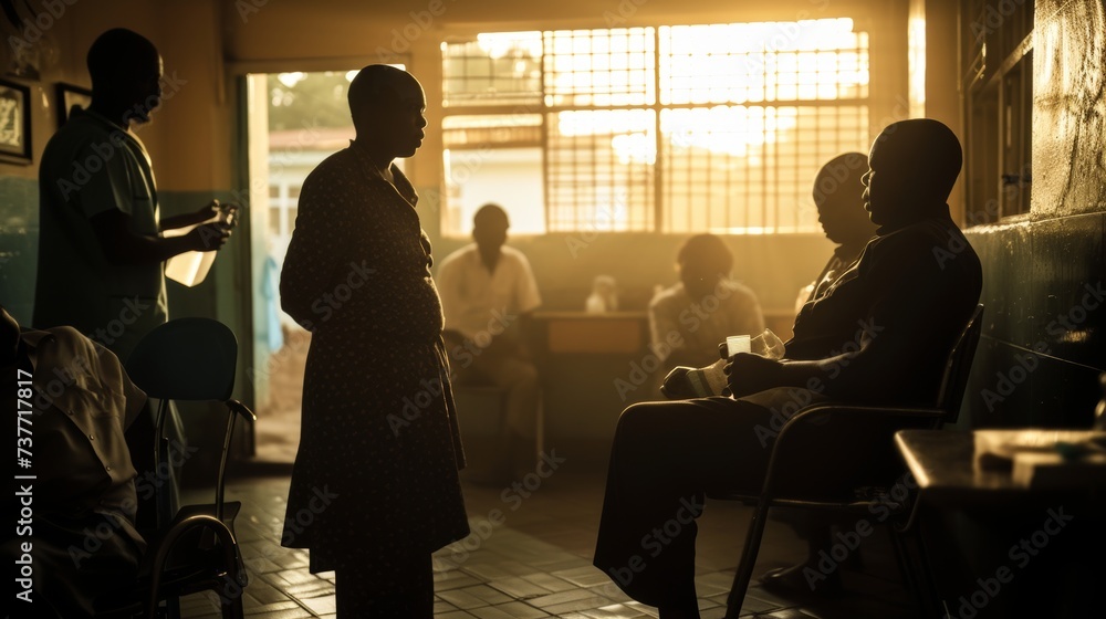 A clinic scene of a person with HIV/AIDS being treated with antiretroviral therapy by healthcare workers and family members in the dawn light. - obrazy, fototapety, plakaty 