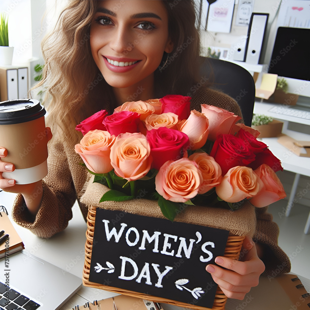custom made wallpaper toronto digitalWomen's Day flower basket and coffee.Generative AI