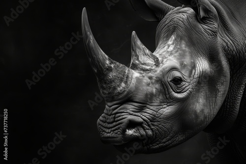 Monochromatic close-up of a rhinoceros face highlighting texture details.