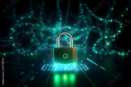Cyber security concept with padlock on circuit board. 3D rendering