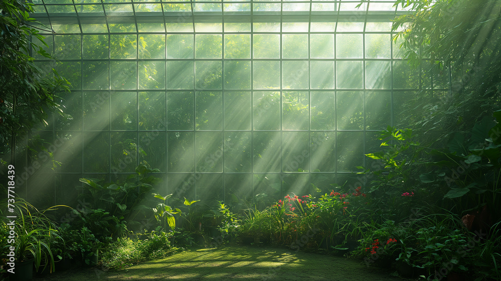 Sunlight Streaming through a Glass Greenhouse with Lush Flowers