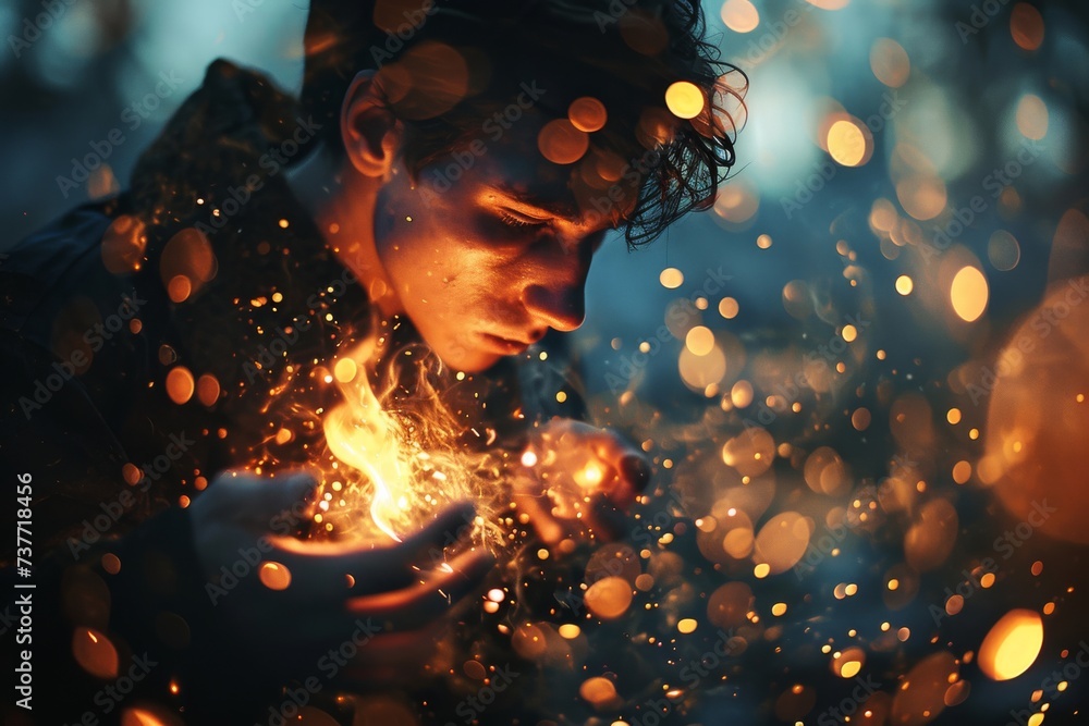 A mystical magician conjures sparkling magic light and bokeh effects from his hand against a fantastical background, casting a spell of wonder and enchantment. Generative AI. - obrazy, fototapety, plakaty 
