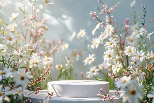 Podium white 3d display nature white. Garden floral background. © ant