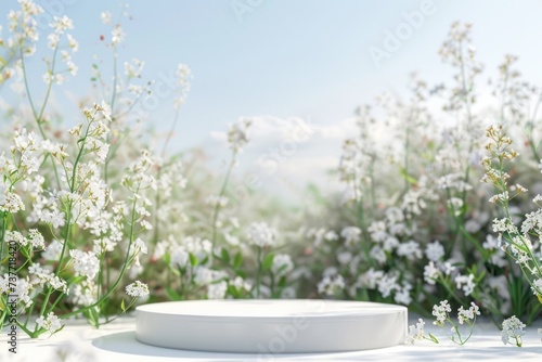 Podium white 3d display nature white. Garden floral background.