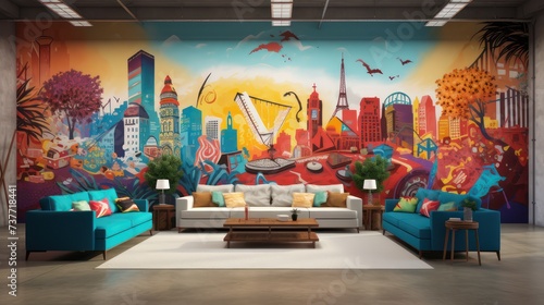 Colorful family room interior design in modern industrial style with comfortable sofa. The wall is painted with a WPAP style cityscape design pattern.