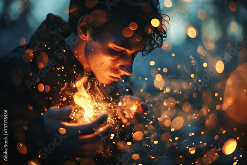 A mystical magician conjures sparkling magic light and bokeh effects from his hand against a fantastical background, casting a spell of wonder and enchantment. Generative AI. photo