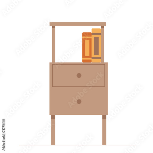 Vector simple bedside table with open shelf. Wooden locker with a books isolated on a white background.