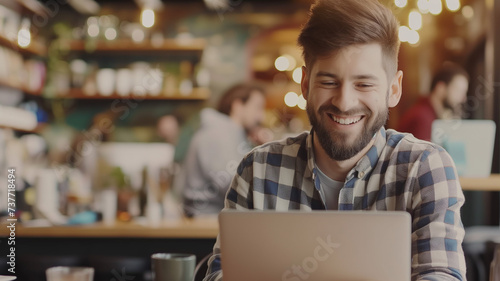 Smiling Male Freelancer Working Remotely from a Vibrant Coffee Shop