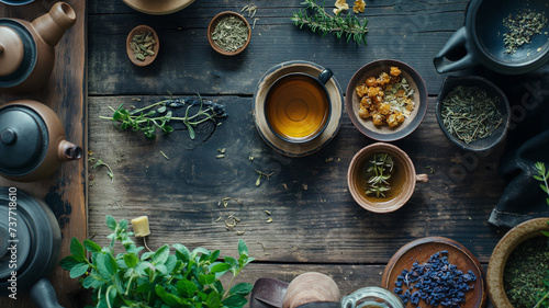Herbal Tea Assortment with Fresh Ingredients on a Wooden Table