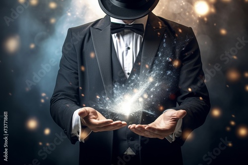 A mystical magician conjures sparkling magic light and bokeh effects from his hand against a fantastical background, casting a spell of wonder and enchantment. Generative AI.